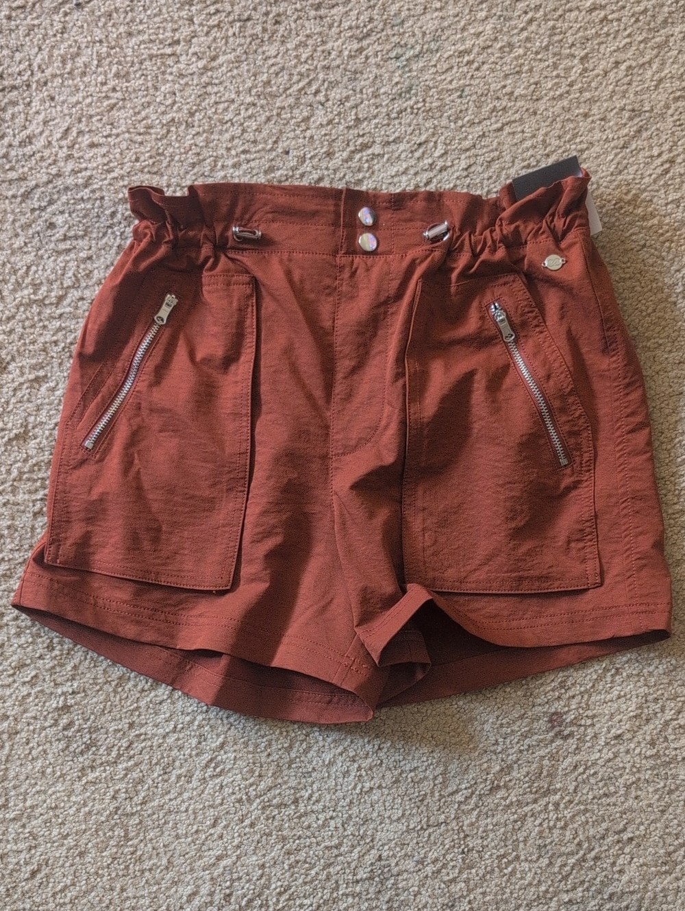CALIA by Carrie Underwood High-Waist Rust Paperbag Shorts with Zip Pockets